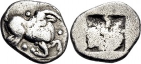 THRACO-MACEDONIAN TRIBES, Mygdones or Krestones. Circa 490-485 BC. 1/8 Stater (Silver, 11.5 mm, 1.12 g, 7 h). Goat kneeling right on pelleted ground l...