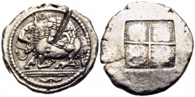 MACEDON. Akanthos. Circa 478-465 BC. Tetradrachm (Silver, 28.5 mm, 17.11 g), c. 470. Lion to right, attacking bull, collapsing to left with head raise...