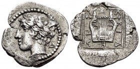 MACEDON, Chalkidian League. Circa 432-348 BC. Tetrobol (Silver, 17.5 mm, 2.45 g, 6 h), Olynthos, 432-400. Laureate head of Apollo to left; behind neck...