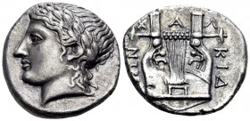 MACEDON, Chalkidian League. Circa 395-392 BC. Tetradrachm (Silver, 25 mm, 14.04 g, 3 h), Olynthos, De.... Laureate head of Apollo to left, his hair fa...
