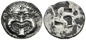 MACEDON. Neapolis. Circa 500-480 BC. Drachm (Silver plated bronze, 16 mm, 2.06 g, 1 h), Plated. Facing gorgoneion with protruding tongue. Rev. Quadrip...
