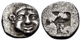 MACEDON. Neapolis. Circa 500-480 BC. Obol (Silver, 9 mm, 0.79 g, 3 h). Facing gorgoneion. Rev. Quadripartite incuse square. Rosen 381. SNG ANS 423. Tr...