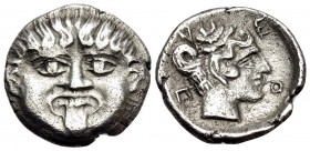 MACEDON. Neapolis. Circa 424-350 BC. Hemidrachm (Silver, 13 mm, 1.88 g, 3 h). Gorgoneion facing with protruding tongue. Rev. Ν-Ε / Ο-Π Head of the nym...