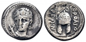 MACEDON. Orthagoreia. Circa 350 BC. Hemidrachm (Silver, 15 mm, 2.41 g, 10 h). Draped bust of Artemis facing slightly to left, wearing triple-pendant e...