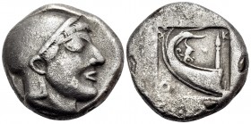 MACEDON. Skione. Circa 480-470 BC. Tetradrachm (Silver, 23.5 mm, 16.46 g, 3 h). Head of Protesilaos to right, wearing Attic helmet [inscribed with ret...