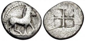KINGS OF MACEDON. Alexander I, 498-454 BC. Tetrobol (Silver, 14.5 mm, 1.83 g), Aigai, probably before 480/79. Horse standing to right. Rev. Quadripart...