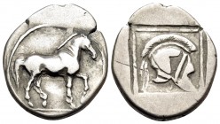 KINGS OF MACEDON. Perdikkas II, 451-413 BC. Tetrobol (Silver, 16 mm, 1.96 g, 12 h), light standard, Aigai, 451/0-447/6. Horse walking to right. Rev. C...