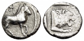 KINGS OF MACEDON. Perdikkas II, 451-413 BC. Obol (Silver, 9 mm, 0.55 g, 1 h). Bridled horse standing right, tethered to ring above. Rev. ΠEP Forepart ...
