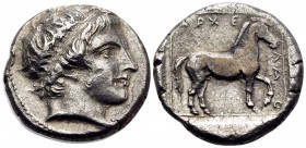 KINGS OF MACEDON. Archelaos, 413-400/399 BC. Stater (Silver, 22 mm, 10.32 g, 7 h). Head of Apollo to right, wearing taenia. Rev. APXE-ΛA-O Horse with ...