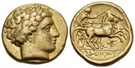 KINGS OF MACEDON. Philip II, 359-336 BC. Stater (Gold, 16 mm, 8.56 g, 3 h), Pella, c. 340/36-328. Laureate head of Apollo to right. Rev. ΦΙΛΙΠΠΟΥ Char...