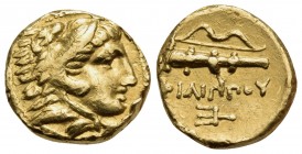 KINGS OF MACEDON. Philip II, 359-336 BC. Quarter Stater (Gold, 10.5 mm, 2.13 g, 9 h), Pella, c. 340/36-328. Head of youthful Herakles to right, wearin...