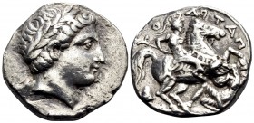 KINGS OF PAEONIA. Patraos, Circa 335-315 BC. Tetradrachm (Silver, 23 mm, 11.32 g, 8 h). Laureate head of Apollo to right. Rev. ΠΑΤΡΑ-ΟΥ Paeonian horse...