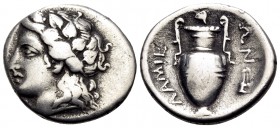 THESSALY. Lamia. Circa 360s-350s BC. Hemidrachm (Silver, 16 mm, 2.72 g, 11 h). Head of Dionysos to left, wearing ivy wreath. Rev. ΛΑΜΙΕ-ΩΝ Amphora wit...