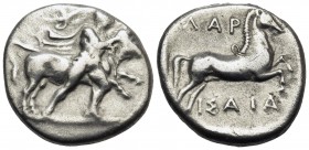 THESSALY. Larissa. Circa 450/40-420 BC. Drachm (Silver, 19 mm, 5.82 g, 4 h). Thessalos striding to right, naked but for chlamys over his shoulders, hi...