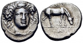 THESSALY. Larissa. Early-mid 4th century BC. Drachm (Silver, 20.5 mm, 5.94 g, 4 h). Head of the nymph Larissa facing slightly right, wearing an ampyx....