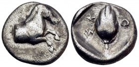 THESSALY. Skotussa. Circa 465-460 BC. Hemidrachm (Silver, 15 mm, 2.81 g, 6 h). Forepart of horse to right. Rev. ΣK-O Germinating barley grain; all wit...