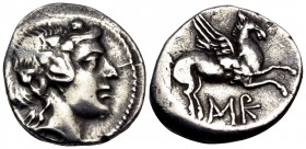 KORKYRA. Korkyra. Under Roman rule, circa 229-48 BC. Didrachm (Silver, 19 mm, 4.70 g, 4 h). Head of youthful Dionysus to right, wearing ivy wreath. Re...