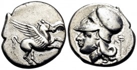 AKARNANIA. Leukas. Circa 350-320 BC. Stater (Silver, 22 mm, 8.40 g, 12 h). Λ Pegasos with straight wings flying to right. Rev. Head of Athena to left,...