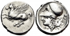 AKARNANIA. Thyrrheion. Circa 350-300 BC. Stater (Silver, 20 mm, 8.60 g, 6 h). Pegasos flying left with straight wings; below, Θ. Rev. Head of Aphrodit...
