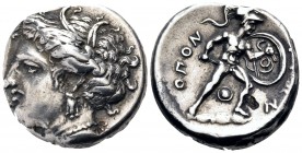 LOKRIS. Lokris Opuntii. Circa 370-360 BC. Stater (Silver, 22 mm, 12.23 g, 12 h). Head of Persephone to left, wearing wreath of grain leaves and triple...