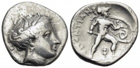 LOKRIS. Lokris Opuntii. Circa 338-316 BC. Triobol (Silver, 16 mm, 2.57 g, 12 h). Head of Persephone to right, wearing grain wreath and pendant earring...