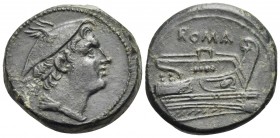 Anonymous, circa 217-215 BC. Semuncia (Bronze, 20 mm, 6.34 g, 8 h), Rome. Head of Mercury to right, wearing winged petasos. Rev. ROMA Prow to right wi...