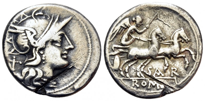 Atilius Saranus, 155 BC. Denarius (Silver, 19.5 mm, 3.54 g, 11 h), Rome. Head of...