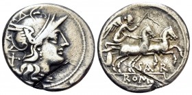 Atilius Saranus, 155 BC. Denarius (Silver, 19.5 mm, 3.54 g, 11 h), Rome. Head of Roma to right, wearing winged helmet; behind, X. Rev. SAR / ROMA Vict...