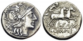 L. Saufeius, 152 BC. Denarius (Silver, 17 mm, 3.40 g, 9 h), Rome. Helmeted head of Roma to right; behind, X. Rev. L · SA(VF) / ROMA Victory, holding w...
