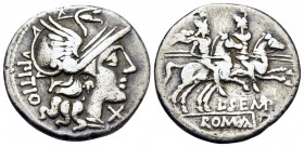 L. Sempronius Pitio, 148 BC. Denarius (Silver, 19 mm, 3.47 g, 7 h), Rome. PITIO Helmeted head of Roma to right; below chin, X. Rev. L · SEMP / ROMA Th...
