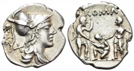 Ti. Veturius, 137 BC. Denarius (Silver, 21 mm, 3.90 g, 11 h), Rome. TI (VET) Helmeted and draped bust of Mars to right; behind, X. Rev. ROMA Oath-taki...