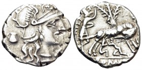 Sex. Pompeius Fostlus, 137 BC. Denarius (Silver, 19.5 mm, 3.97 g, 6 h), Rome. Helmeted head of Roma to right; behind, jug; below chin, X. Rev. SEX · P...