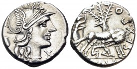 Sex. Pompeius Fostlus, 137 BC. Denarius (Silver, 18 mm, 3.99 g, 9 h), Rome. Helmeted head of Roma to right; behind, jug; below chin, X. Rev. SEX · PO ...