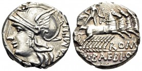 M. Baebius Q.f. Tampilus, 137 BC. Denarius (Silver, 17 mm, 4.01 g, 8 h), Rome. TAMPIL Helmeted head of Roma to left. Rev. ROMA / M · BAEBI · Q · F Apo...