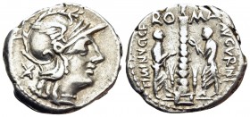 Ti. Minucius C.f. Augurinus, 134 BC. Denarius (Silver, 19 mm, 3.91 g, 1 h), Rome. Helmeted head of Roma to right; behind, X. Rev. RO-MA / TI MINVCI C ...
