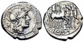 M. Acilius M.f, 130 BC. Denarius (Silver, 18 mm, 3.88 g, 3 h), Rome. M · ACILIVS · M · F Helmeted head of Roma to right. Rev. ROMA Hercules standing f...