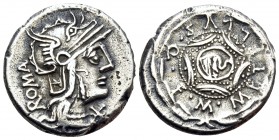 M. Caecilius Q.f. Q.n. Metellus, 127 BC. Denarius (Silver, 18 mm, 3.78 g, 3 h), Rome. ROMA Head of Roma to right, wearing winged helmet; denomination ...