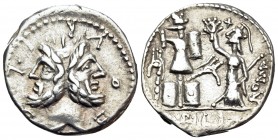 M. Furius L.f. Philus, 120 BC. Denarius (Silver, 19 mm, 3.97 g, 6 h), Rome. M · FOVRI · L · F Laureate head of Janus. Rev. (PH)LI / ROMA Roma standing...