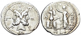 M. Furius L.f. Philus, 120 BC. Denarius (Silver, 20.5 mm, 3.90 g, 12 h), Rome. M FOVRI L F Laureate head of Janus. Rev. (PH)LI / ROMA Roma standing le...
