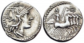 M. Tullius, 119 BC. Denarius (Silver, 20 mm, 3.95 g, 6 h), Rome. ROMA Helmeted head of Roma to right. Rev. M · TVLLI Victory driving quadriga gallopin...