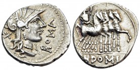 Cn. Domitius Ahenobarbus, 116-115 BC. Denarius (Silver, 20 mm, 3.88 g, 9 h), Rome. ROMA Helmeted head of Roma to right; behind, denomination mark. Rev...