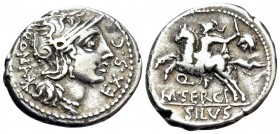 M. Sergius Silus, 116-115 BC. Denarius (Silver, 19 mm, 3.71 g, 8 h), Rome. EX · S · C / ROMA Helmeted head of Roma to right; behind, denomination mark...