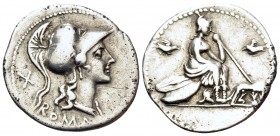 Anonymous, 115 or 114 BC. Denarius (Silver, 21 mm, 3.84 g, 7 h), Rome. ROMA Helmeted head of Roma to right; behind, X. Rev. Roma seated to right on pi...