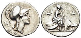 Anonymous, 115 or 114 BC. Denarius (Silver, 20.5 mm, 3.96 g, 12 h), Rome. ROMA Helmeted head of Roma to right; behind, X. Rev. Roma seated to right on...