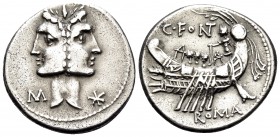 C. Fonteius, 114-113 BC. Denarius (Silver, 20 mm, 3.94 g, 9 h), Rome. Laureate, janiform head of the Dioscuri; to left, M; to right, denomination mark...