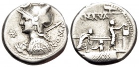 P. Nerva, 113-112 BC. Denarius (Silver, 17 mm, 3.86 g, 1 h), Rome. ROMA Helmeted bust of Roma to left, holding in right hand spear over right shoulder...