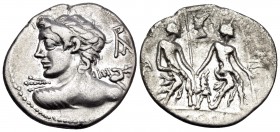 Lucius Caesius, 112-111 BC. Denarius (Silver, 20.5 mm, 3.78 g, 1 h), Rome. Bust of Apollo seen from behind to left, wearing a taenia and with a cloak ...