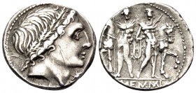 L. Memmius, 109-108 BC. Denarius (Silver, 19 mm, 3.92 g, 5 h), Rome. Male head to right, wearing oak wreath; below chin, denomination mark. Rev. L · M...