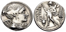 L. Valerius Flaccus, 108-107 BC. Denarius (Silver, 20 mm, 3.45 g, 1 h), Rome. Draped bust of Victory to right; below chin, denomination mark. Rev. L ·...