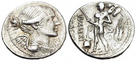 L. Valerius Flaccus, 108-107 BC. Denarius (Silver, 20 mm, 3.95 g, 6 h), Rome. Draped bust of Victory to right; below chin, denomination mark. Rev. L ·...